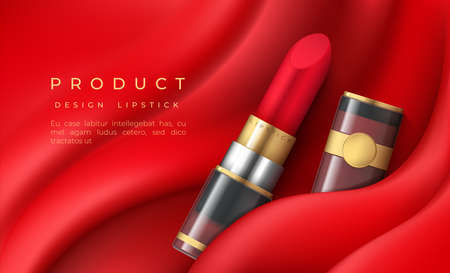 Lipstick background. Realistic advertising banner with red goods for lips, luxury cosmetic poster. Elegant makeup cream texture product on pleated fabric. Vector beauty packaging design mockupのイラスト素材
