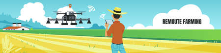 Remote farming banner. Cartoon man controls quadcopter distantly, wireless drone controller....
