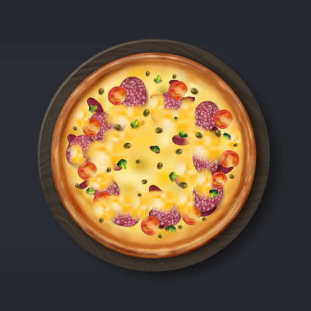 Realistic pizza. Tasty Italian food with cheese, tomato and mushrooms, salami. Menu traditional snack, pizzeria advertising template. Online delivery service application, vector isolated illustrationのイラスト素材