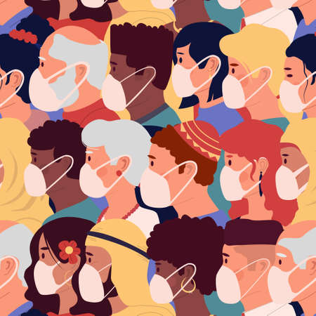 People in mask pattern. Seamless texture of people profiles wearing medical mask, corona virus prevention concept. Fighting infection textile, wrapping paper template. Vector health care patternのイラスト素材