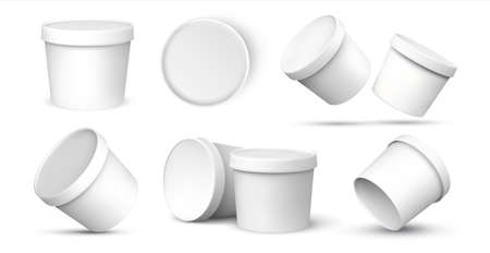 Ice cream buckets. Realistic blank white mockup of ice cream paper food container in different views. Vector isolated illustration empty 3D template for packaging presentationのイラスト素材