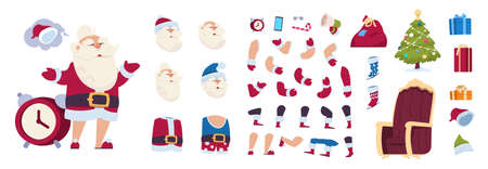 Santa Claus animation kit. Cartoon New Year character constructor with different emotions and views. Cute Christmas grandfather and templates of torso, arms, legs or objects vector poses and gesturesのイラスト素材