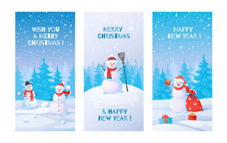 Winter posters. Snowman with snowdrifts. Cute winter landscape with Christmas and New Year greeting text. Collection holiday cartoon illustrations or celebration postcards.のイラスト素材