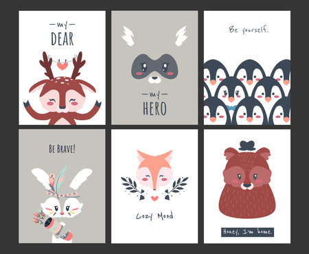 Cute animal posters. Funny cartoon woodland creatures and penguins for banners, greeting cards. Collection invitations with little characters and lettering. Vector minimalistic fauna kids postcardsのイラスト素材
