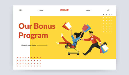 Purchase landing page. Loyalty and reward promotion, product advertising, and bonus program. Online shopping service with the place, buttons for catalog and basket.のイラスト素材