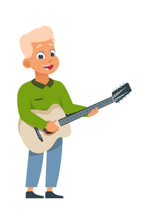 Cartoon boy with guitar. Children playing musical instrument at home, class or performance. Music education, artist or sound tools advertising, vector hobby, career and leisure activity illustrationのイラスト素材