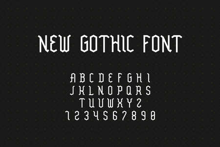 Gothic font. Geometric medieval alphabet with uppercase letters and numbers. Stylized Latin signs collection on black background. Vintage typeface for labels and poster headers vector illustrationのイラスト素材