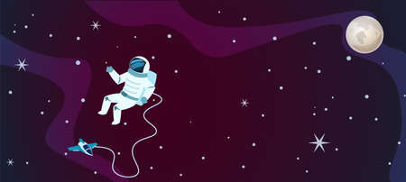 Cartoon space background. Galaxy universe design with astronaut, spaceship and moon. Sun system view, shuttle and spacemen in spacesuit, stars and planet. Vector cosmic discovery flat illustrationのイラスト素材