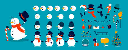 Snowman animation kit. Christmas character construction elements, combination of heads, body and arms in different poses. Winter hats, scarves or objects decorating snow figure. Vector celebration setのイラスト素材