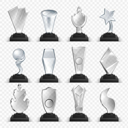 Glass awards. Realistic trophies, 3D winner prizes from transparent material. Blank champion cups template, reward in sport, scientific and creative competitions. Crystal forms on stand, vector setのイラスト素材