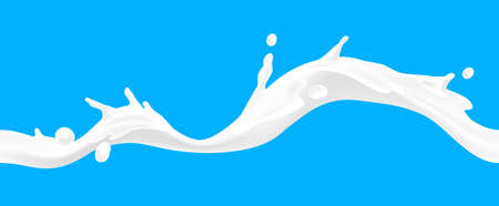 Milk wave. Realistic yoghurt splash, white liquid horizontal flow. Natural culinary ingredient. Cow products package decoration template. Vector food logo or emblem design mockup on blue backgroundのイラスト素材