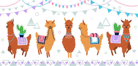 Cute llama set. Cartoon funny alpaca characters with cactus, flags and mountains collection. Hand drawn design template for kids birthday cards and accessories, flat vector isolated festive charactersのイラスト素材
