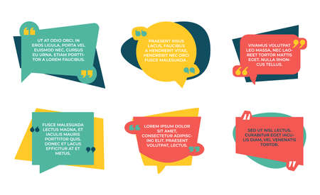 Quotation box. Quote colorful shapes, speech bubbles with place for text. Frame for comments, round and square forms with copy space. Red, yellow and green boxes for lettering, vector isolated setのイラスト素材