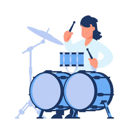 Drummer. Cartoon man playing drums. Young male with musical instrument. Rock music player, jazz band artist. Talented performer in restaurant, disco club or festival event. Vector hobby illustrationのイラスト素材