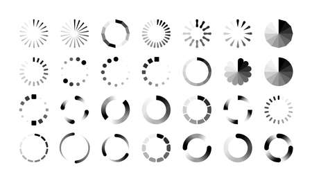 Loader icons. Round progress bar, buffering and data transfer process sign. Black web marks on white...