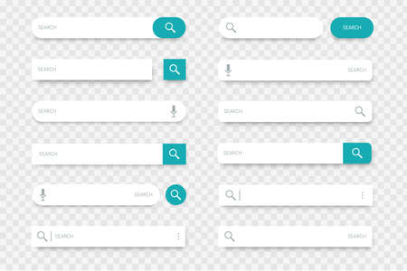 Search bar. Collection of input lines with find buttons, magnifier and microphone icons. Browser interface option, web site or mobile application element on transparent background. Vector template setのイラスト素材