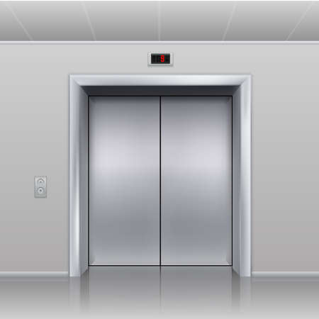 Realistic elevator. Closed metallic cabin doors. Hall interior, empty building office or hotel vestibule. Steel doorway, call buttons and digital display with floor indicator. Vector transportationのイラスト素材