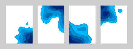 Paper cut sea posters. 3d ocean banners with papercut minimal gradient layout, blue origami...