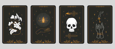 Tarot cards. Magic boho banners. Vintage spiritual signs, mystic or esoteric symbols. Fortune telling and predicting future. Retro posters with drawn skull, snake and hands. Vector occult flat setのイラスト素材