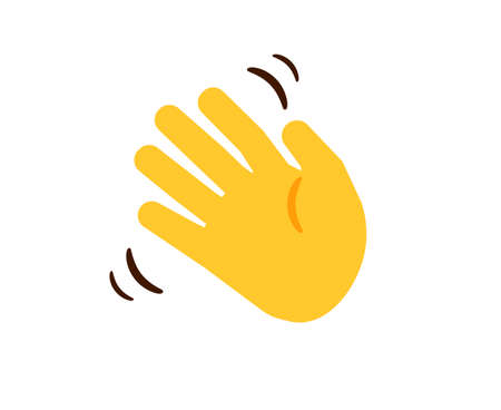 Waving hand. Cartoon yellow moving human hand. Gesture of greeting or goodbye. Negative or disagreement sign. Isolated drown limb on white background. Web sticker for chatting, vector illustrationのイラスト素材