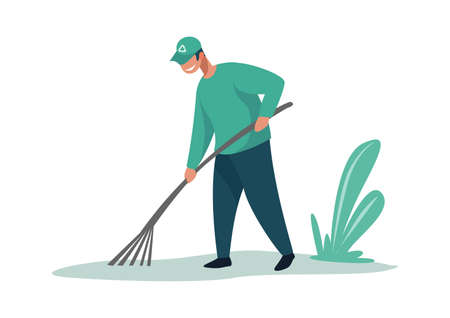 Man cleaning garbage. Cartoon male with rake. Smile activist in uniform working outdoors. Debris...