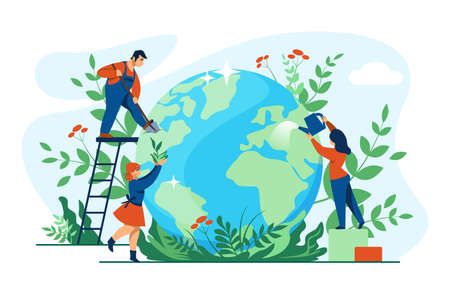 Planet ecology concept. Cartoon people taking care of globe and environment. Men and women planting...