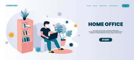 Home office landing page. Coronavirus isolation concept and remote jobs or freelance occupation. Cartoon man working with laptop. Wearing individual protective mask. Vector website interface templateのイラスト素材