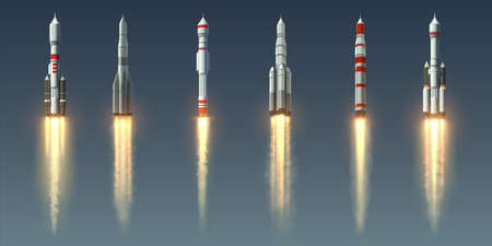 Rocket launch. Realistic spaceship with takeoff smoke track and fire burst. Spacecraft with steam...