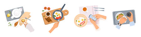 Serving dishes. Top view of cartoon table with people hands and morning meal. Full plates of food...