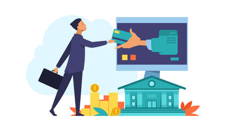 Online bank. Finance computer or mobile app concept. Debit and credit cards, payments or financial transactions. Digital accounting for business. E-commerce web service. Vector internet platformのイラスト素材