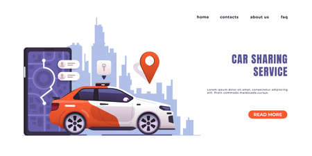 Car sharing landing page. Web interface design with text and buttons. City transportation, auto rent or taxi order. Mobile application and online detect location by digital map.