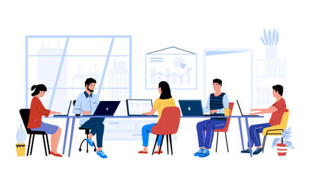 People at desk. Cartoon men and women working together at project. Office colleagues and coworking...