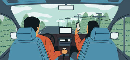 Cartoon car interior. Cute couple driving during vacation trip, happy family riding on road. View...