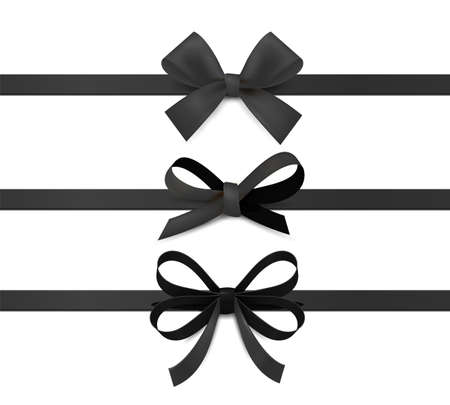 Black ribbon bows. Silk ribbons with decorative bow gift decoration collection. Realistic elegant...