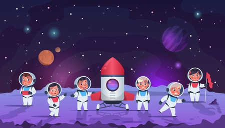 Galaxy kids. Cartoon children in open cosmos. Little astronauts wear space suits with helmets. Adventures and scientific research. Cute boys and girls flew to planet on rocket, vector illustrationのイラスト素材