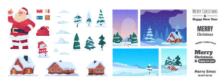 Christmas greeting kit. Holiday postcard construction. Santa Claus with presents, winter snowy landscapes and houses. Isolated pine or fir trees and snowdrift. Vector Xmas congratulation letteringのイラスト素材