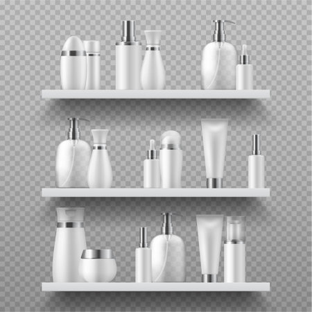 Cosmetic bottles on shelf. Realistic beauty products empty packaging. 3D blank containers for liquid lotions and shampoos, soap or moisturizers on transparent background. Vector skin care and hygieneのイラスト素材