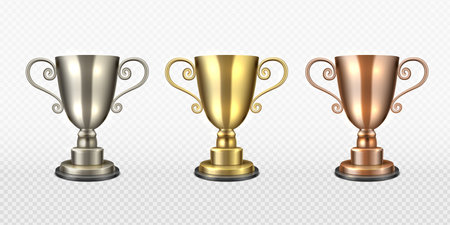 Gold silver and bronze trophy cup. Realistic champion awards, first, second, third place, championship winners golden sports or music award ceremony, symbol of leadership and success vector 3d setのイラスト素材