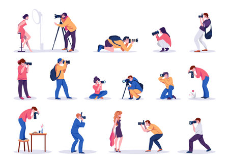 Photographers. Cartoon young men and women shoot photographs. People taking pictures of celebrity and models, food or plants. Professional cameras and studio equipment. Vector paparazzi isolated setのイラスト素材