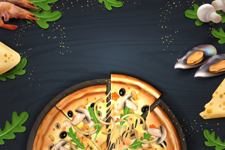 Pizza. Realistic poster with Italian food and ingredients for cooking. Top view on wooden table. Menu decoration mockup and advertising banner for restaurant with copy space. Vector traditional mealのイラスト素材
