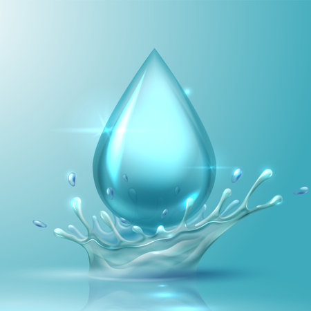 Water drop. Realistic aqua splash, 3D shiny drop with spray from falling. Glossy droplet and smooth surface with reflection. Refreshing beverages advertising template, vector macro illustrationのイラスト素材