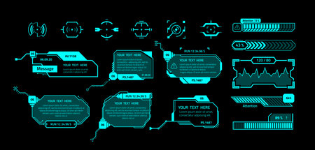 HUD banners. Futuristic interface elements with copy space. Callout message boxes and infographics, weapon sights. Isolated neon borders with text on black background. Fluorescent frames, vector setのイラスト素材