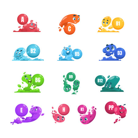 Vitamins. Cartoon mascot of microelements. Colorful splashes and round medicines with cute faces. Collection of pills for decoration pharmaceutical, enriched food or cosmetics packaging, vector setのイラスト素材