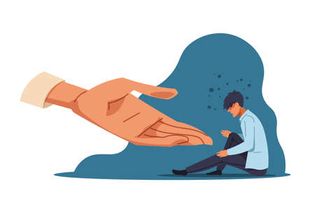 Human help. Cartoon lonely anxiety person in depression and supporting hand. Confused man sitting on the floor. Mental health and human empathy. Psychological or psychiatric therapy, vector conceptのイラスト素材