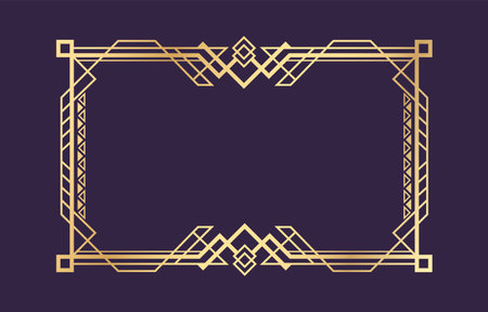 Art deco border. Golden decorative luxury vintage rectangular frame, abstract retro decorative shape with copy space, geometry line patterns, empty style element, vector isolated on black illustrationのイラスト素材