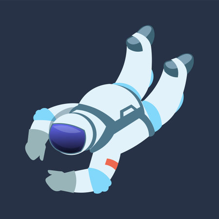 Astronaut. Cartoon cosmonaut drifts in zero gravity space. Galaxy explorer wears spacesuit with helmet. Scientific discovery and universe exploration. Spaceman in open cosmos, vector flat illustrationのイラスト素材