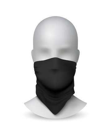 Black buff on white mannequin. Realistic textile scarf for face protection. 3D kerchief on dummy. Isolated detailed unisex accessory. Ways to wear bandanna. Facial stylish mask, vector illustrationのイラスト素材