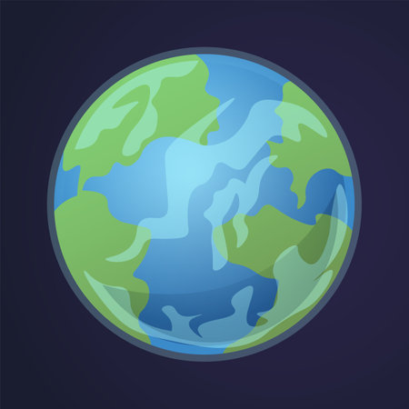 Cartoon earth. Solar system planet. Isolated view of world from space. America and Europe or Africa washed by Atlantic Ocean. Minimalist geographic model with seas and continents, vector illustrationのイラスト素材