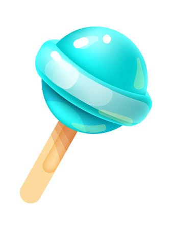 Cartoon lollipop. Sweet caramel dessert. Isolated round candy on stick. Unhealthy childish food. Shiny tasty blue bonbon. Yummy confectionery on white background. Vector cute sugary meal for kidsのイラスト素材