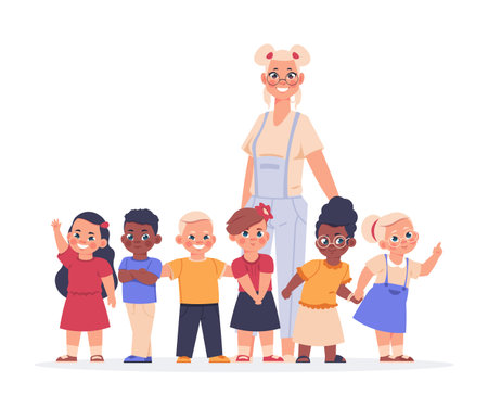 Teacher with kids. Happy children and young female educator standing in row. Cartoon cute smiling boys and girls with nanny. Isolated cheerful group of people in school, vector childhood illustrationのイラスト素材